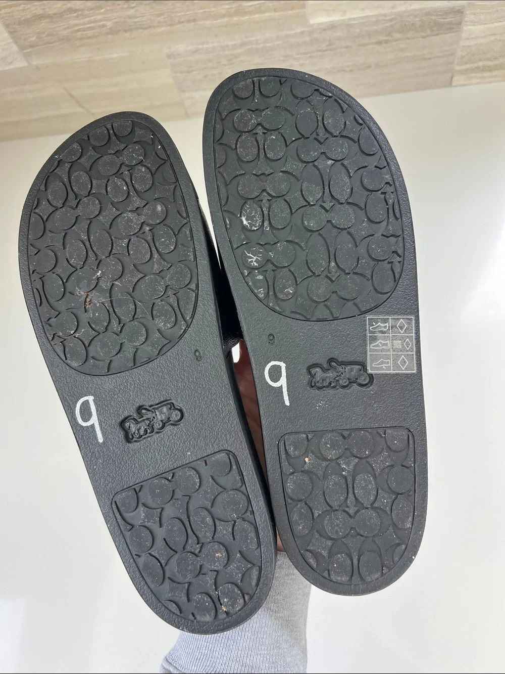 Coach signature charcoal grey black logo coated canvas open toe slides sandals
